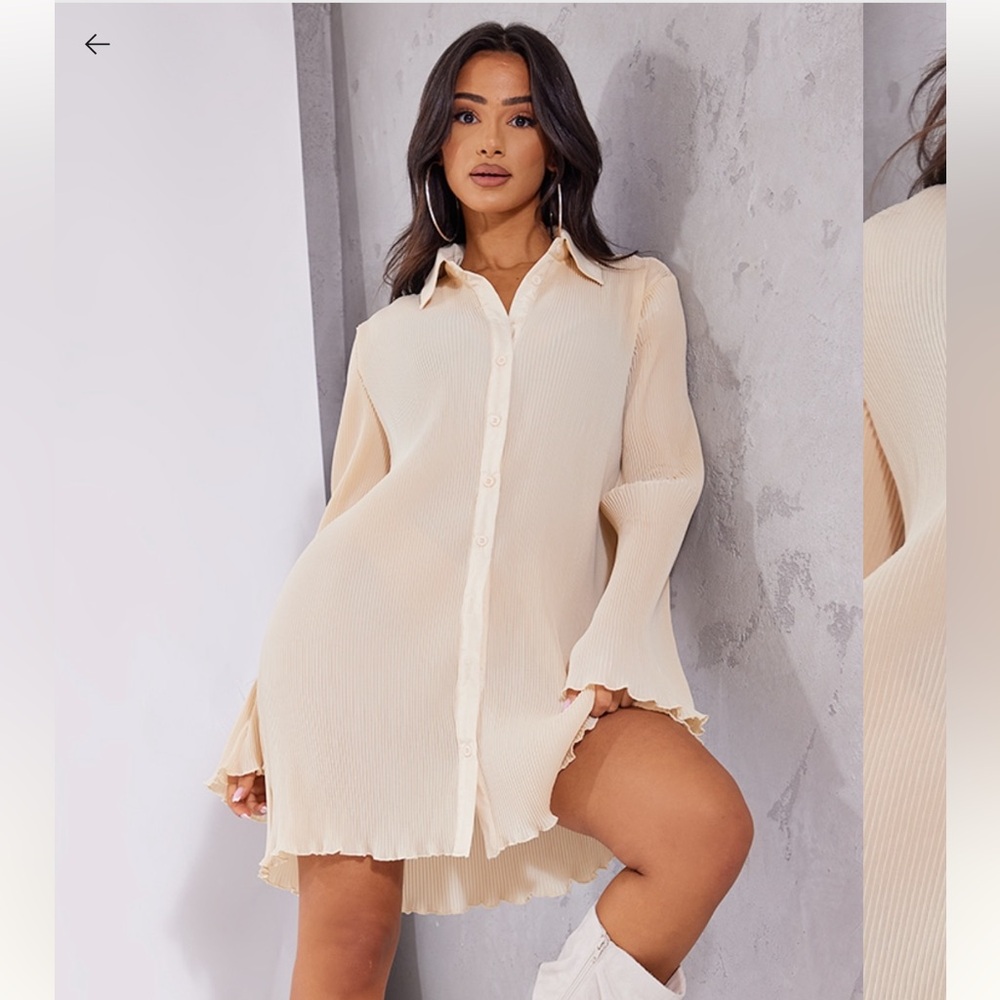 NWT PLT Pleated Sheer Beige Button Up Mini Dress